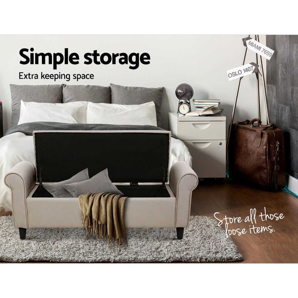 Artiss Storage Ottoman Blanket Box 125cm Arm Linen Taupe - TRENDZ