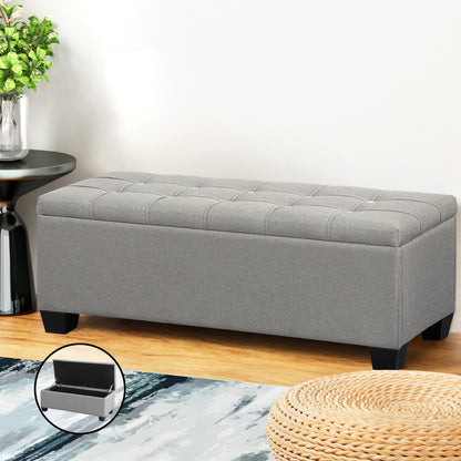 Artiss Storage Ottoman Blanket Box 97cm Button Linen Grey - TRENDZ