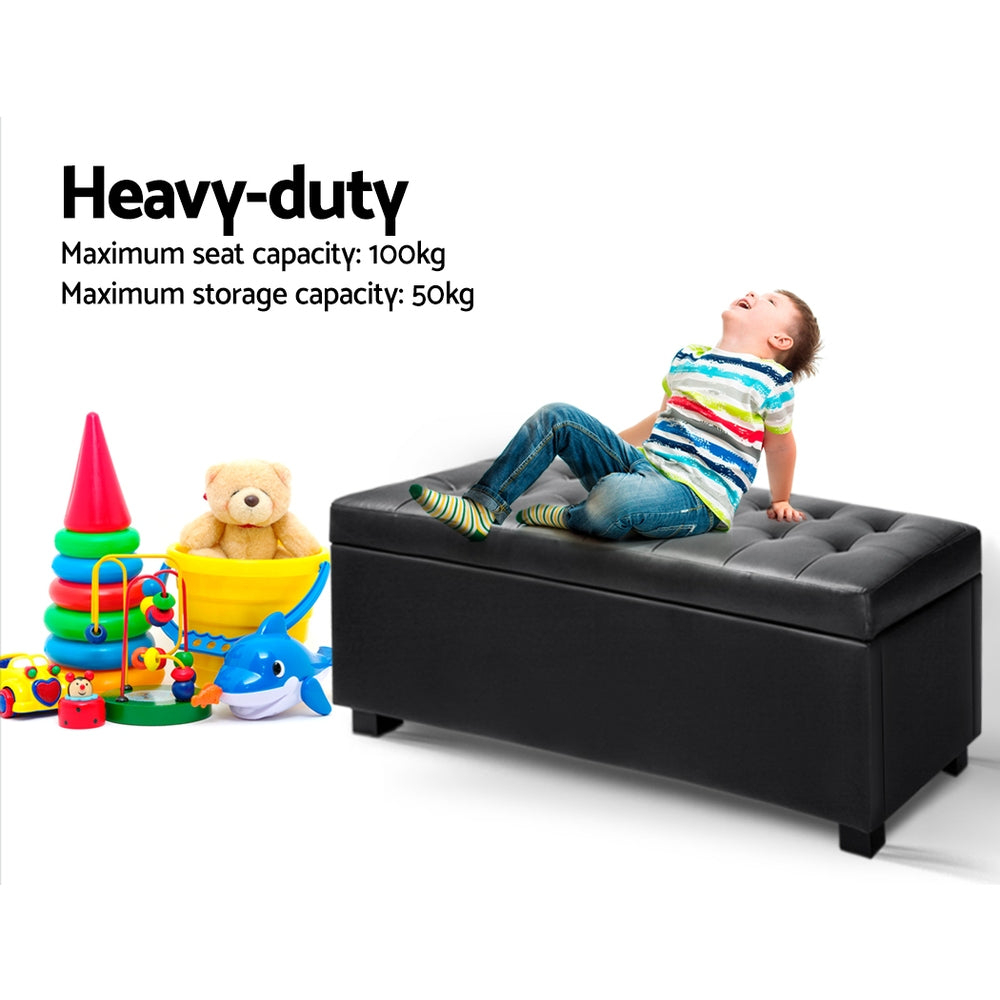 Artiss Storage Ottoman Blanket Box 97cm Leather Black - TRENDZ