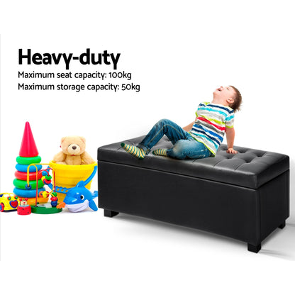 Artiss Storage Ottoman Blanket Box 97cm Leather Black - TRENDZ