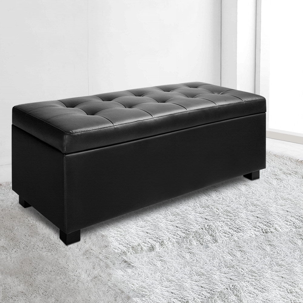 Artiss Storage Ottoman Blanket Box 97cm Leather Black - TRENDZ