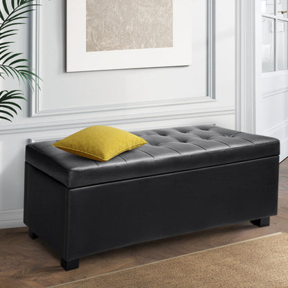 Artiss Storage Ottoman Blanket Box 97cm Leather Black - TRENDZ