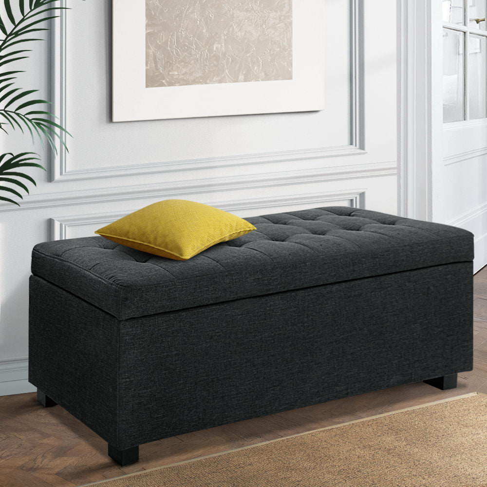 Artiss Storage Ottoman Blanket Box 97cm Linen Charcoal - TRENDZ