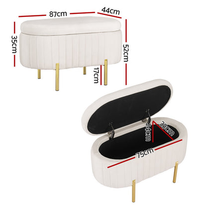 Artiss Storage Ottoman Blanket Box 87cm Velvet Oval White - TRENDZ