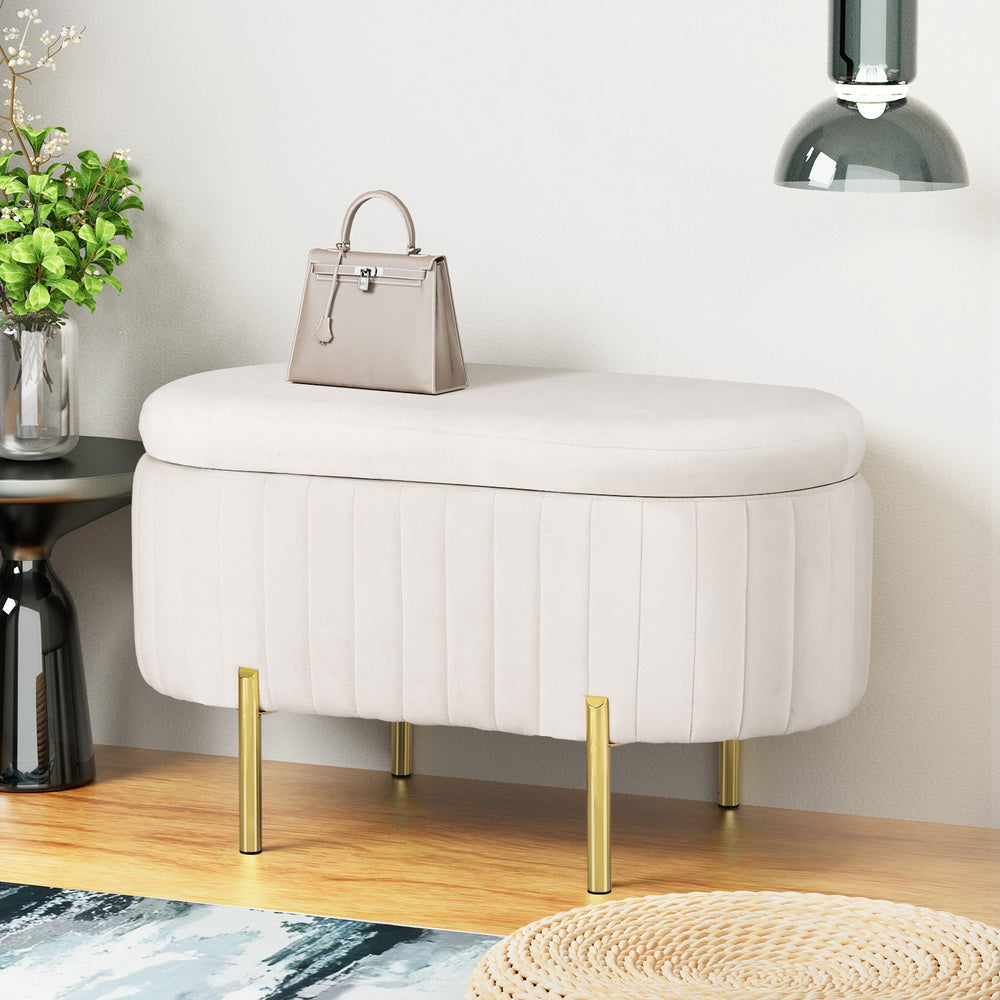 Artiss Storage Ottoman Blanket Box 87cm Velvet Oval White - TRENDZ