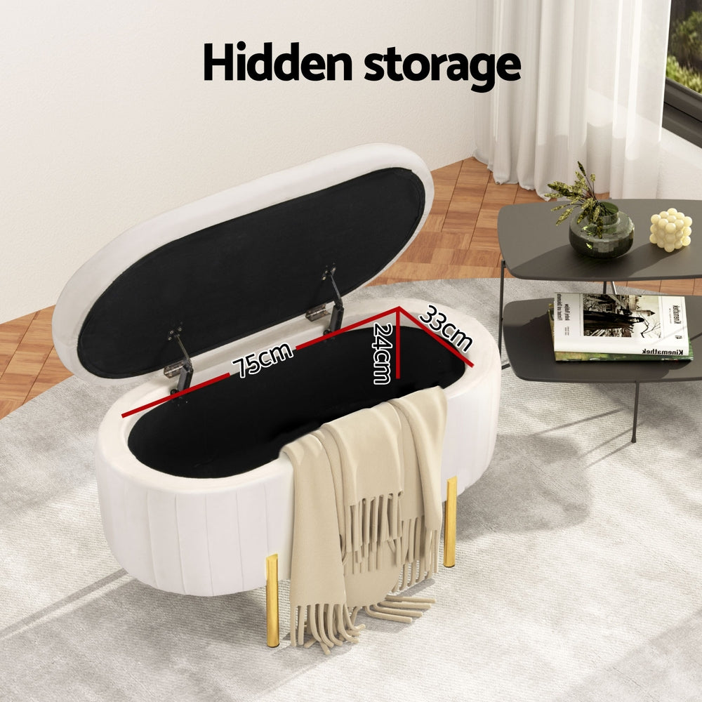 Artiss Storage Ottoman Blanket Box 87cm Velvet Oval White - TRENDZ