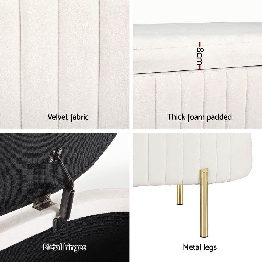 Artiss Storage Ottoman Blanket Box 87cm Velvet Oval White - TRENDZ