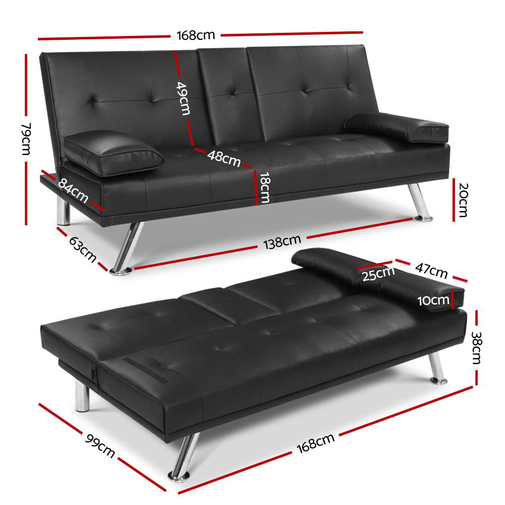 Artiss Sofa Bed 168CM Black PU Leather - TRENDZ