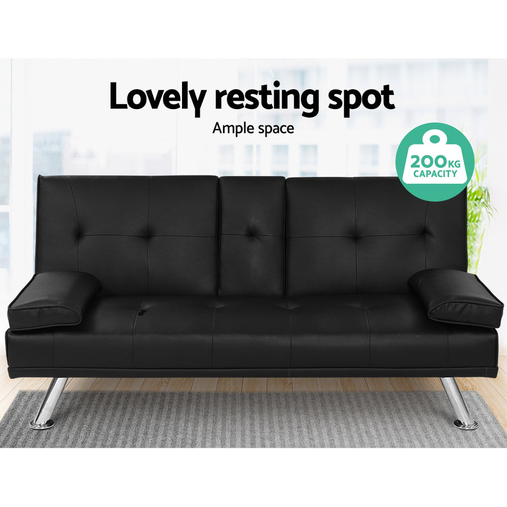 Artiss Sofa Bed 168CM Black PU Leather - TRENDZ