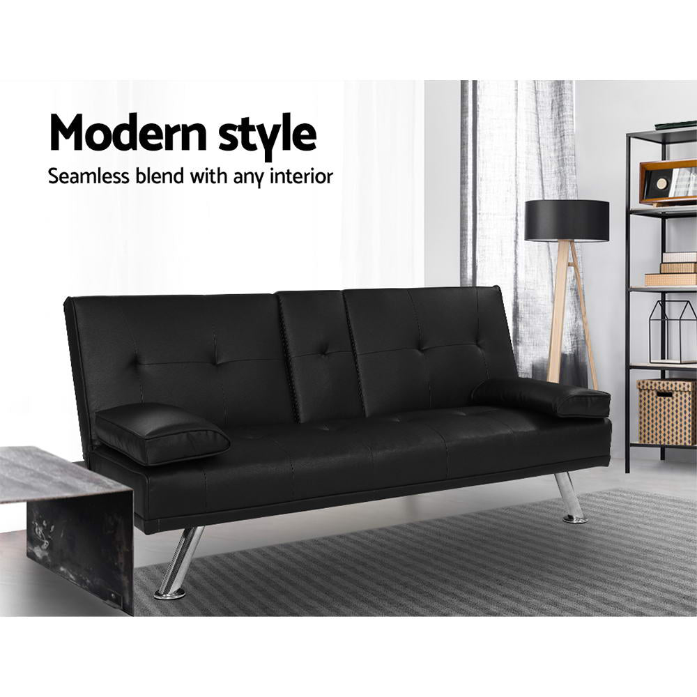 Artiss Sofa Bed 168CM Black PU Leather - TRENDZ