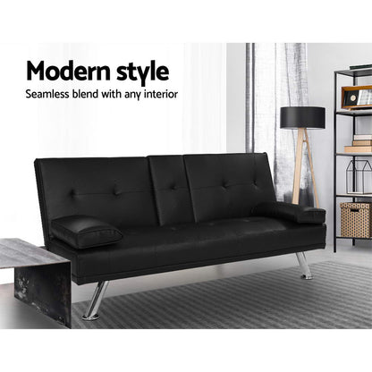 Artiss Sofa Bed 168CM Black PU Leather - TRENDZ