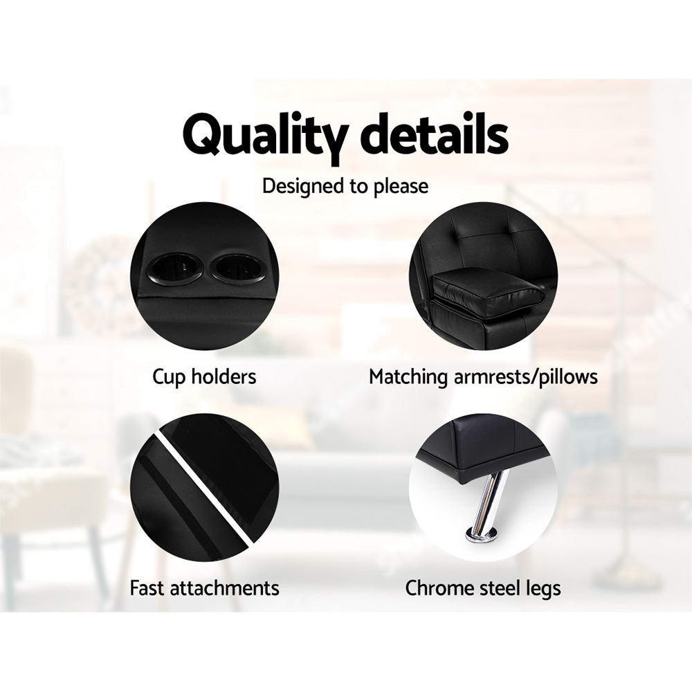 Artiss Sofa Bed 168CM Black PU Leather - TRENDZ