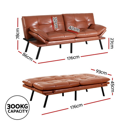 Artiss Sofa Bed Convertible 3 Seater Couch Recliner Lounge Chair Leather Brown
