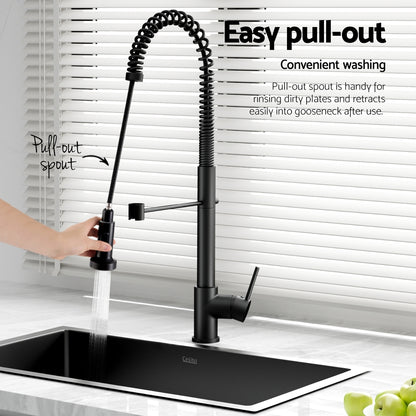 Cefito Stainless Steel Sink 70x45CM With Pull Out Mixer Tap Kitchen Basin Single Bowl Black - TRENDZ