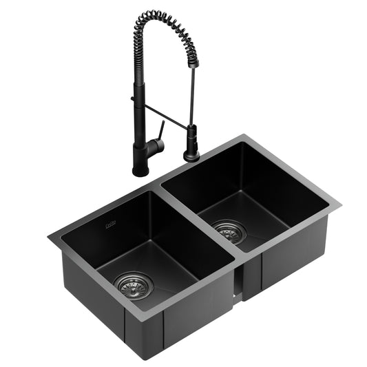 Cefito Stainless Steel Sink 77x45CM With Pull Out Mixer Tap Kitchen Double Bowl Black - TRENDZ