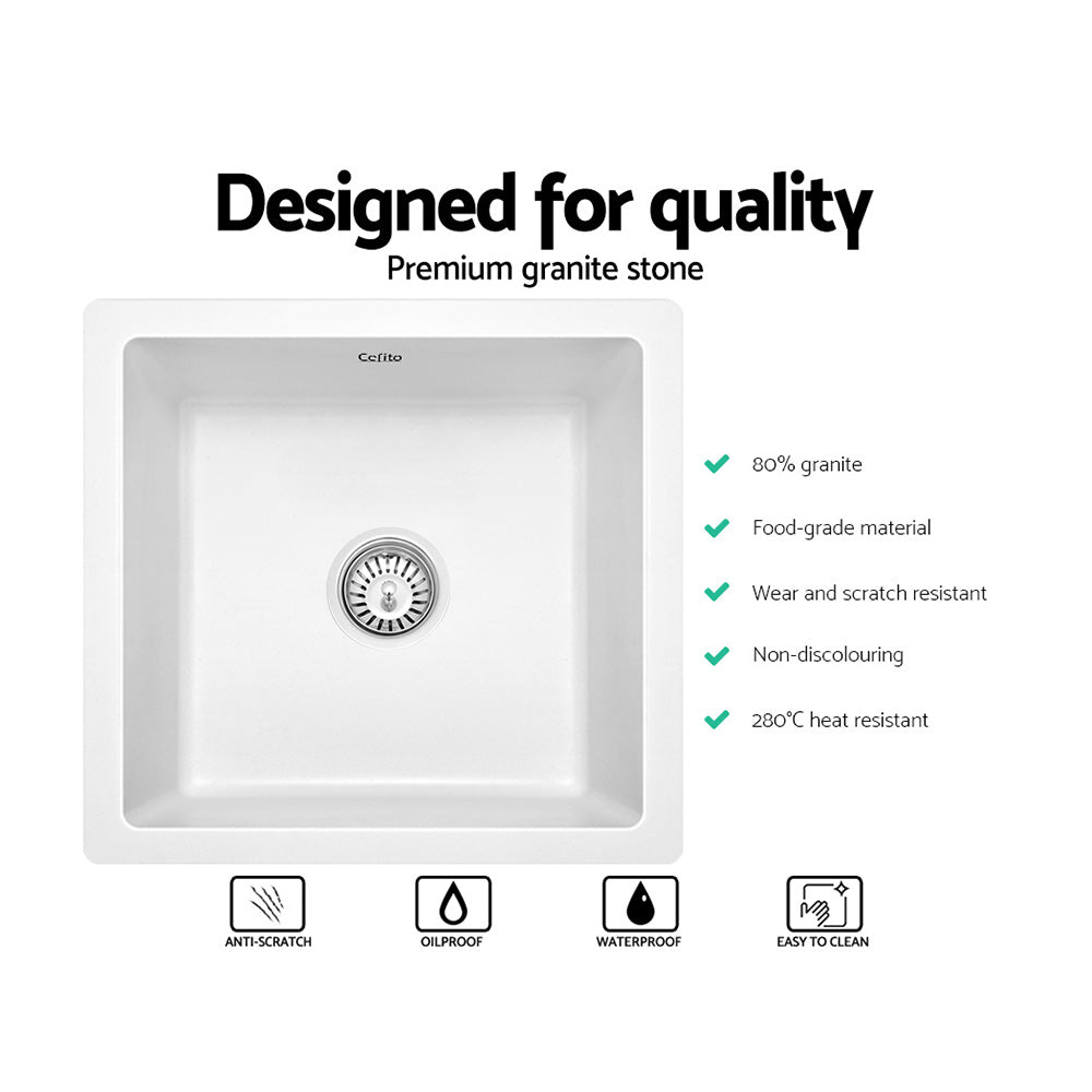 Cefito Stone Kitchen Sink 450X450MM Granite Under/Topmount Basin Bowl Laundry White - TRENDZ