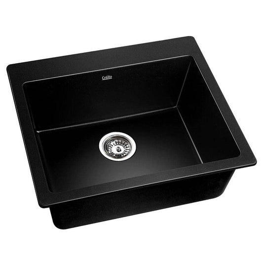 Cefito Stone Kitchen Sink 570x500MM Granite Under or Topmount Basin Bowl Laundry Black - TRENDZ