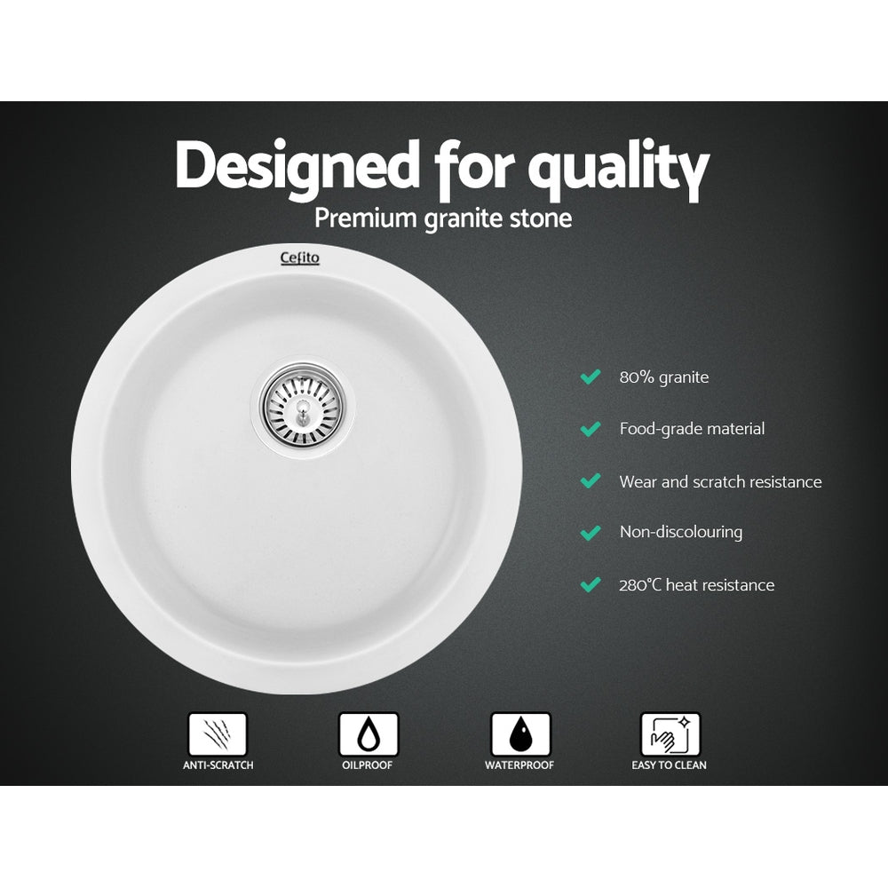 Cefito Stone Kitchen Sink Round 430MM Granite Under/Topmount Basin Bowl Laundry White - TRENDZ
