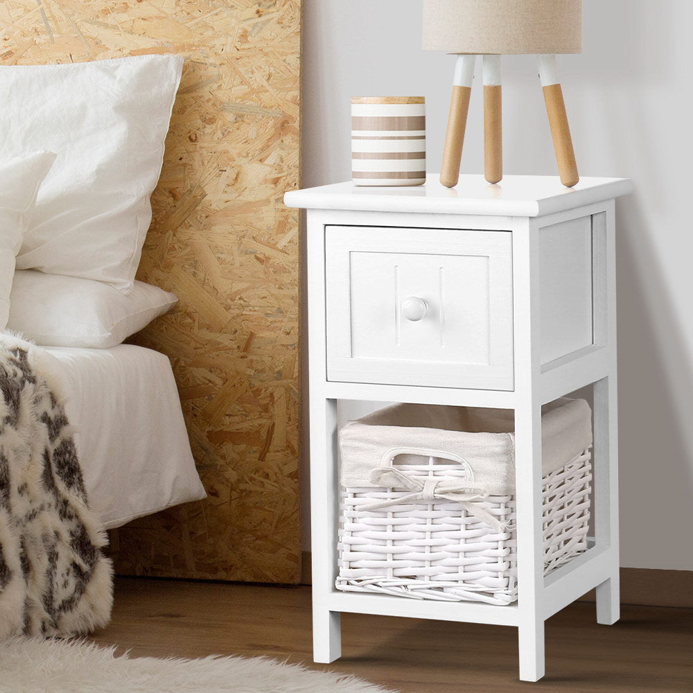Artiss Bedside Table 1 Drawer with Basket Rustic White X2 - TRENDZ