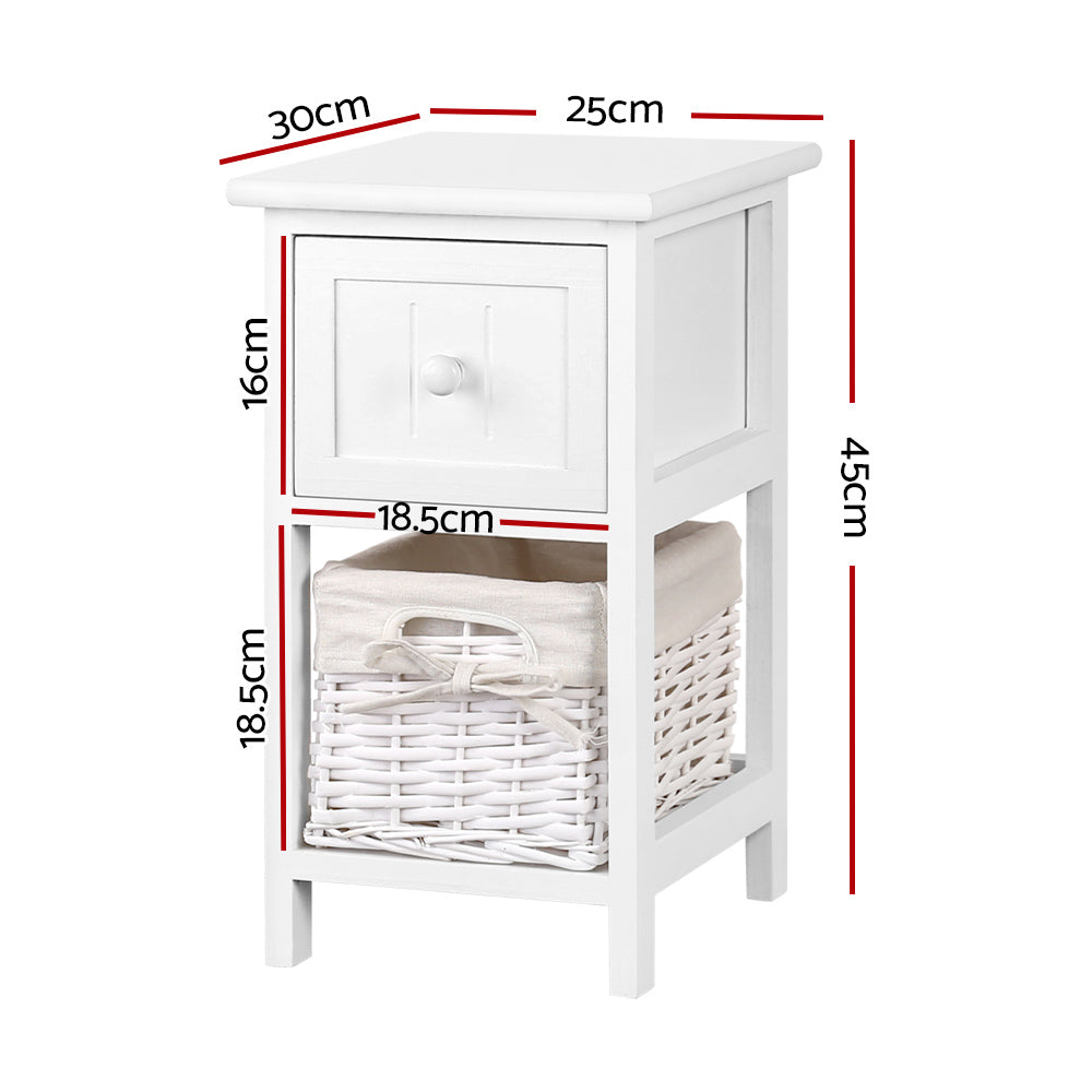 Artiss Bedside Table 1 Drawer with Basket Rustic White X2 - TRENDZ