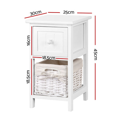 Artiss Bedside Table 1 Drawer with Basket Rustic White X2 - TRENDZ