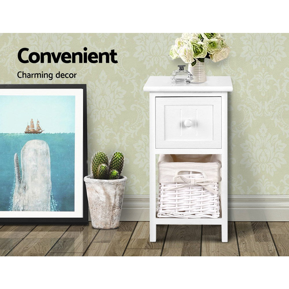 Artiss Bedside Table 1 Drawer with Basket Rustic White X2 - TRENDZ