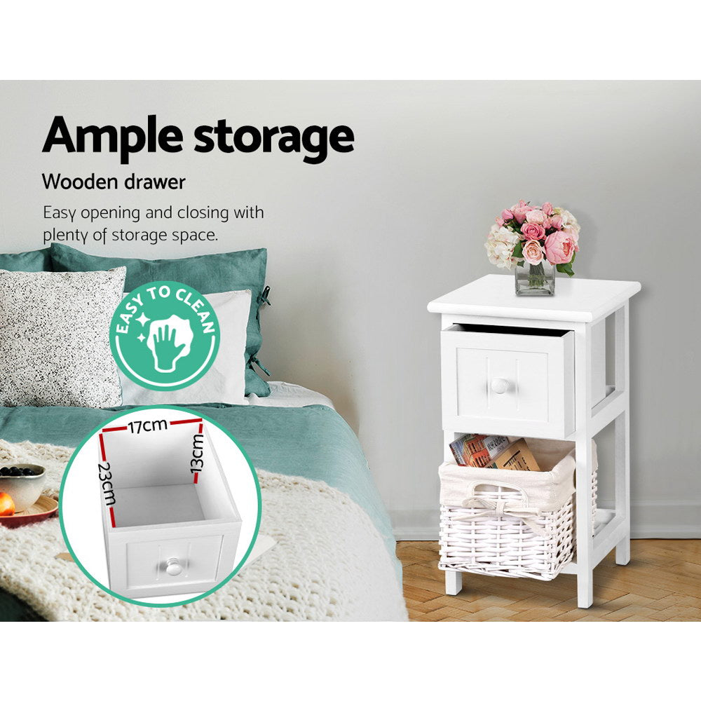 Artiss Bedside Table 1 Drawer with Basket Rustic White X2 - TRENDZ