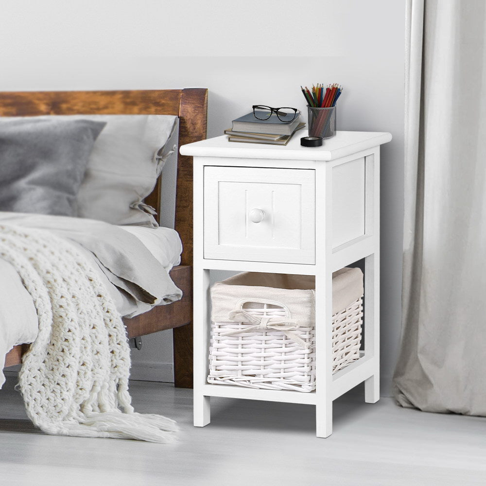 Artiss Bedside Table 1 Drawer with Basket Rustic White X2 - TRENDZ