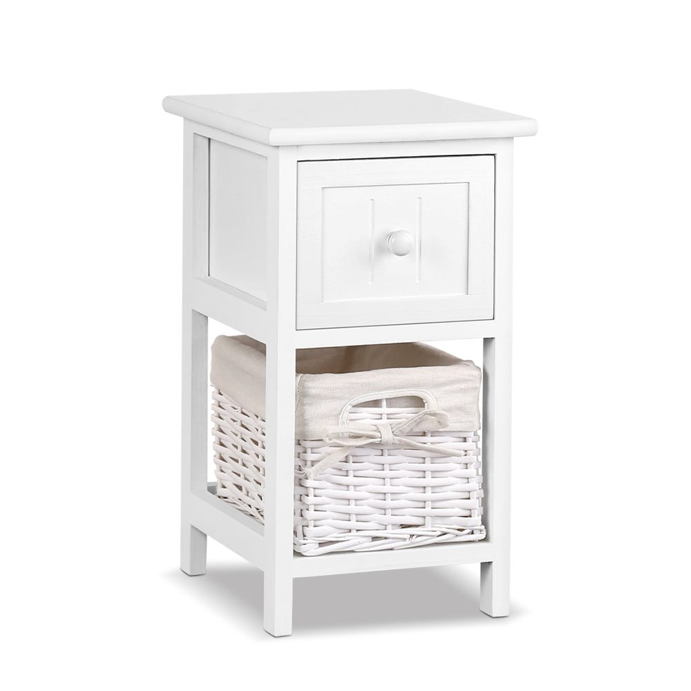 Artiss Bedside Table 1 Drawer with Basket Rustic White X2 - TRENDZ