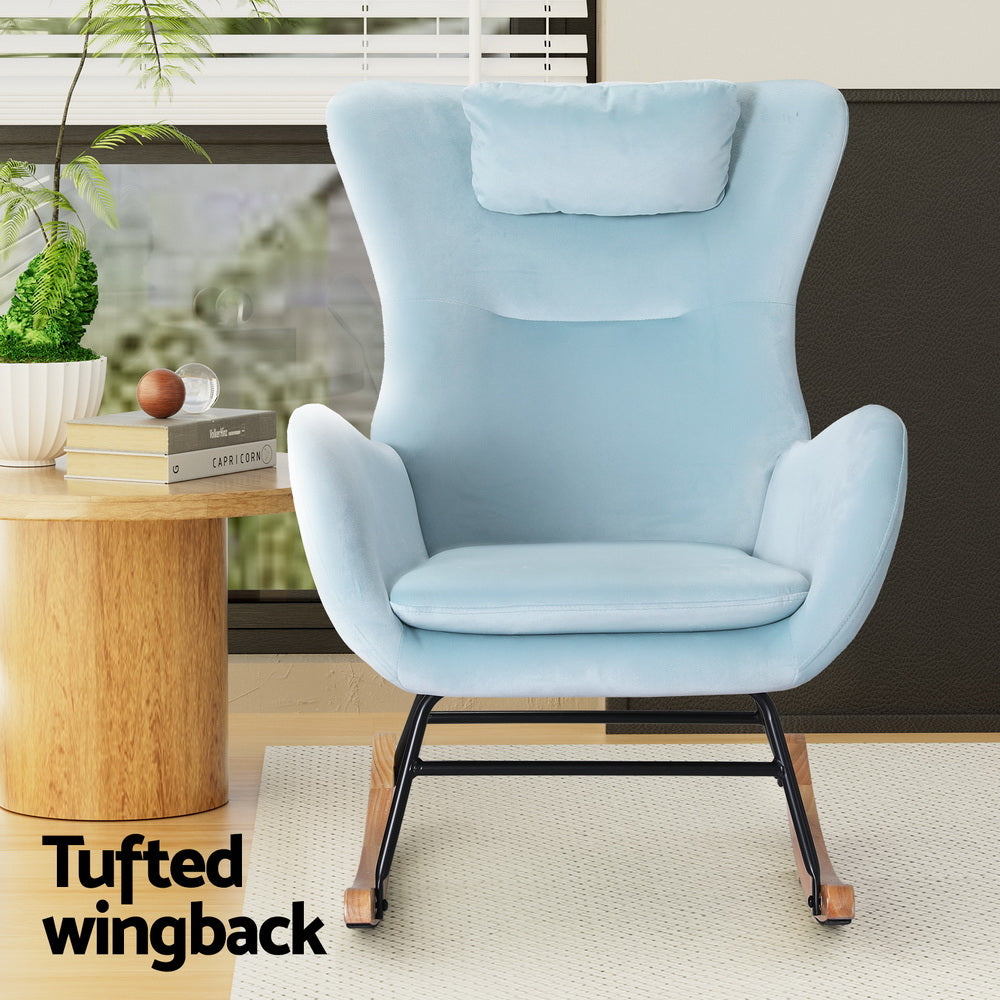 Artiss Rocking Chair Armchair Pillow Velvet Blue - TRENDZ