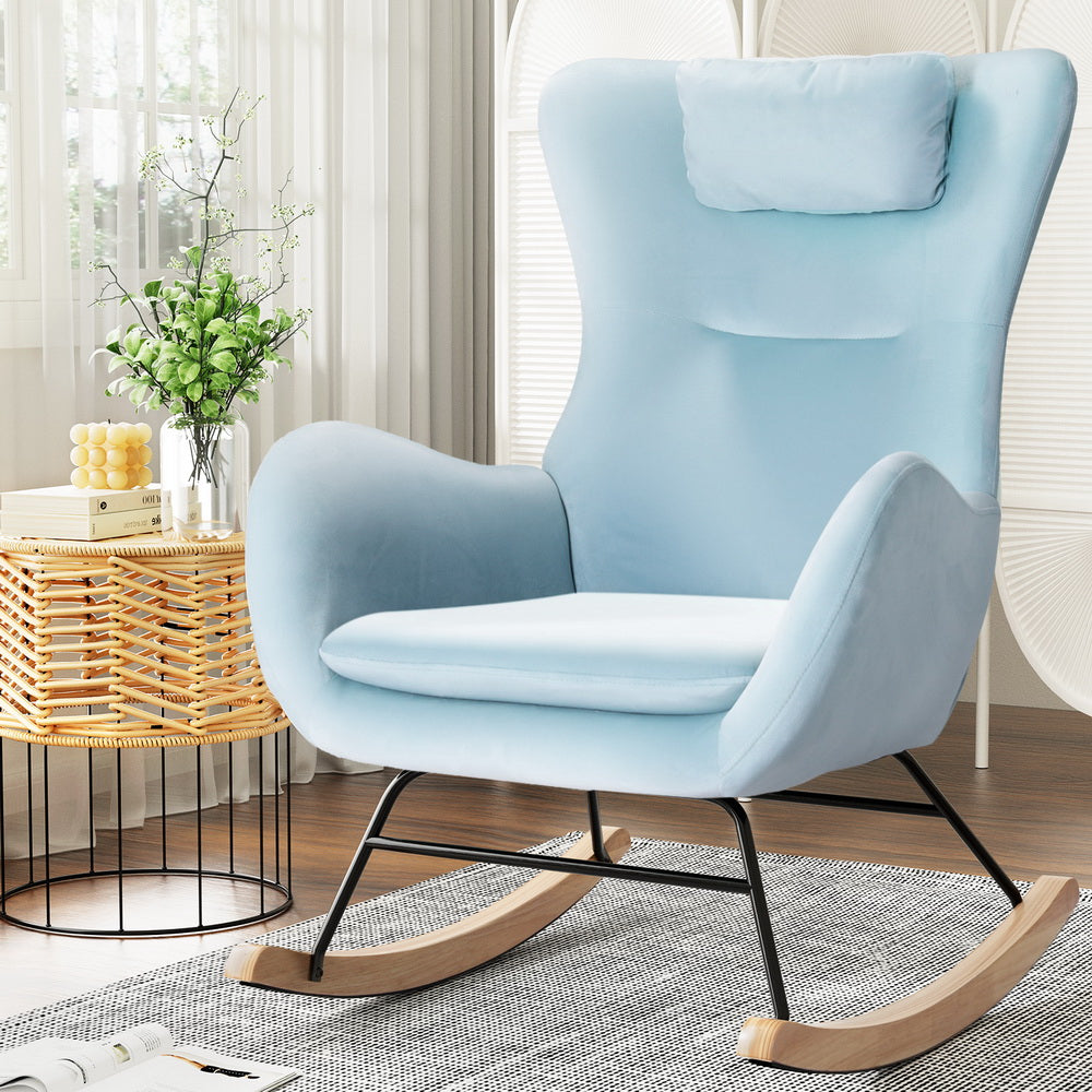 Artiss Rocking Chair Armchair Pillow Velvet Blue - TRENDZ