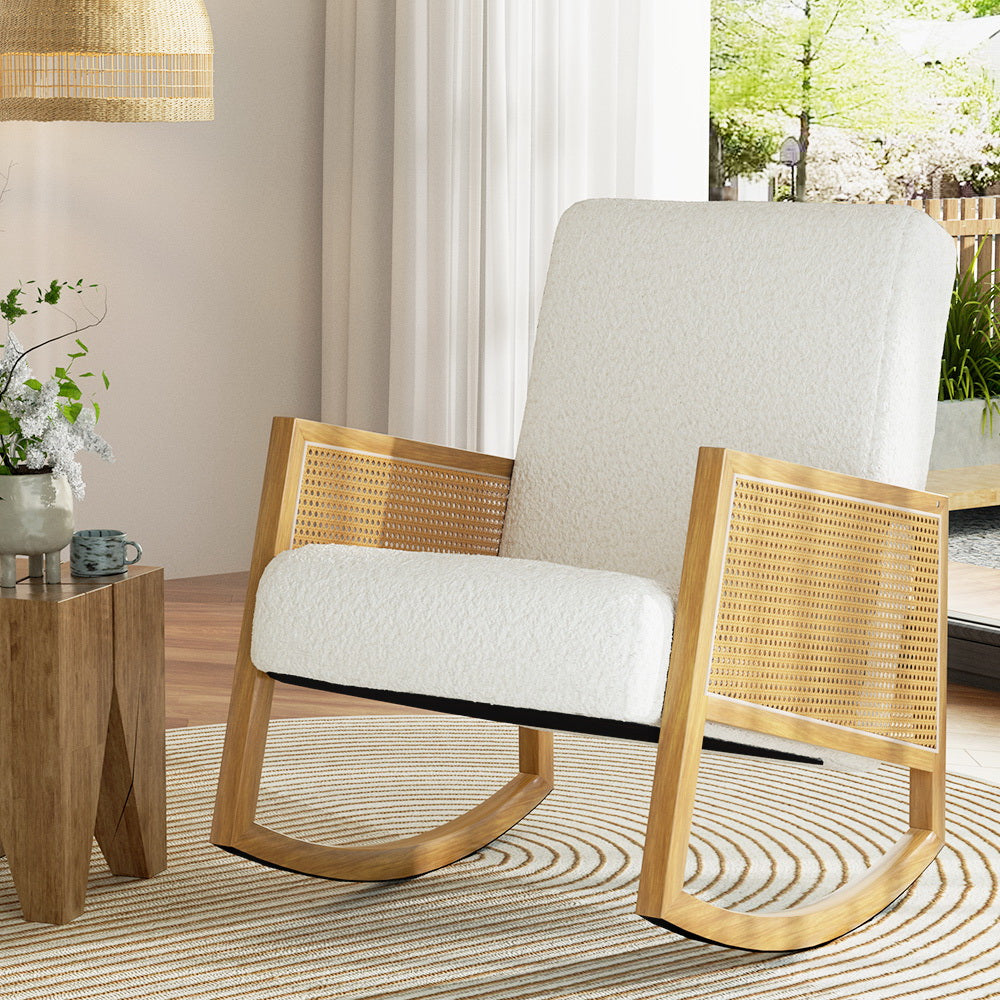 Artiss Armchair Rocking Chair Boucle Rattan White - TRENDZ