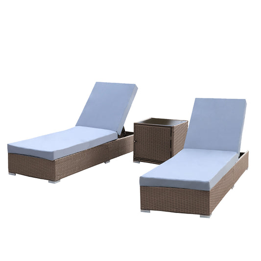 Arcadia Furniture Outdoor 3 Piece Sunlounge Set Rattan Garden Day Bed Lounger - Oatmeal and Grey - TRENDZ