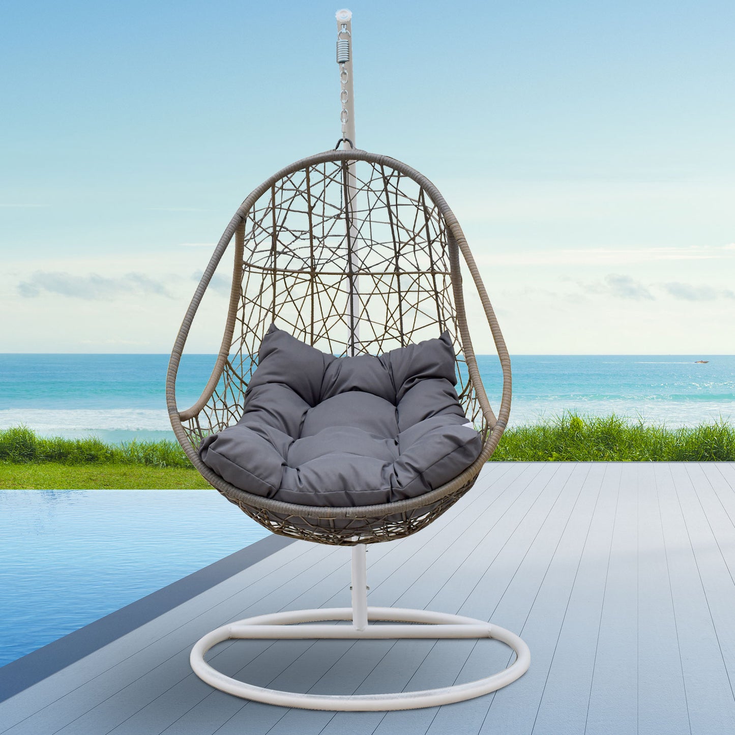Arcadia Furniture Rocking Egg Chair Swing Lounge Hammock Pod Wicker Curved - Oatmeal and Grey - TRENDZ