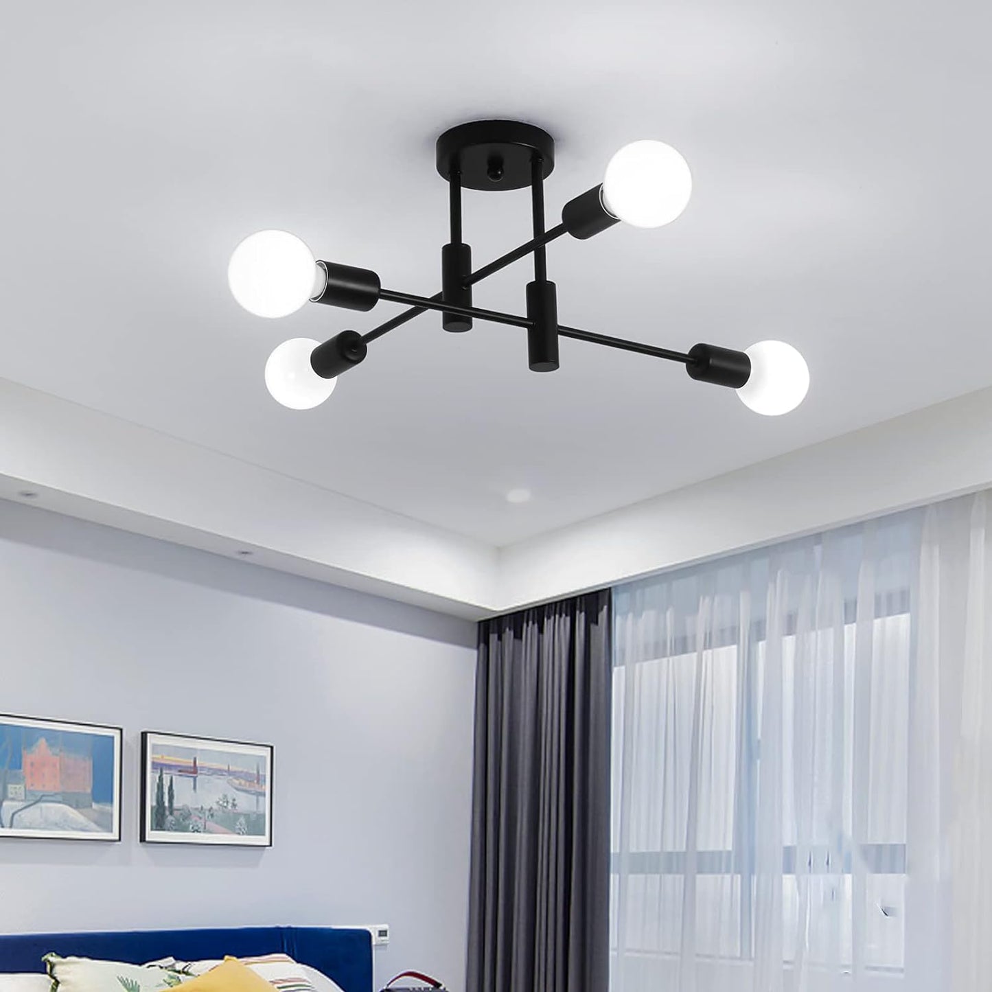 Mid Century Modern 4-Light Sputnik Chandelier – Black & Gold