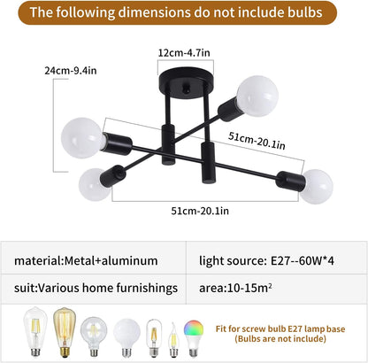 Mid Century Modern 4-Light Sputnik Chandelier – Black & Gold