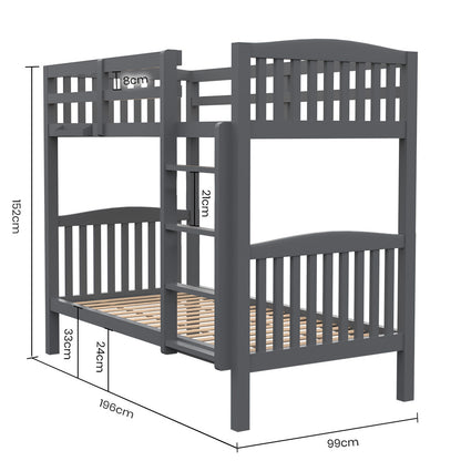 Kingston Slumber Single Bunk Bed Frame Solid Pine Wood Timber, Modular Design, Grey - TRENDZ