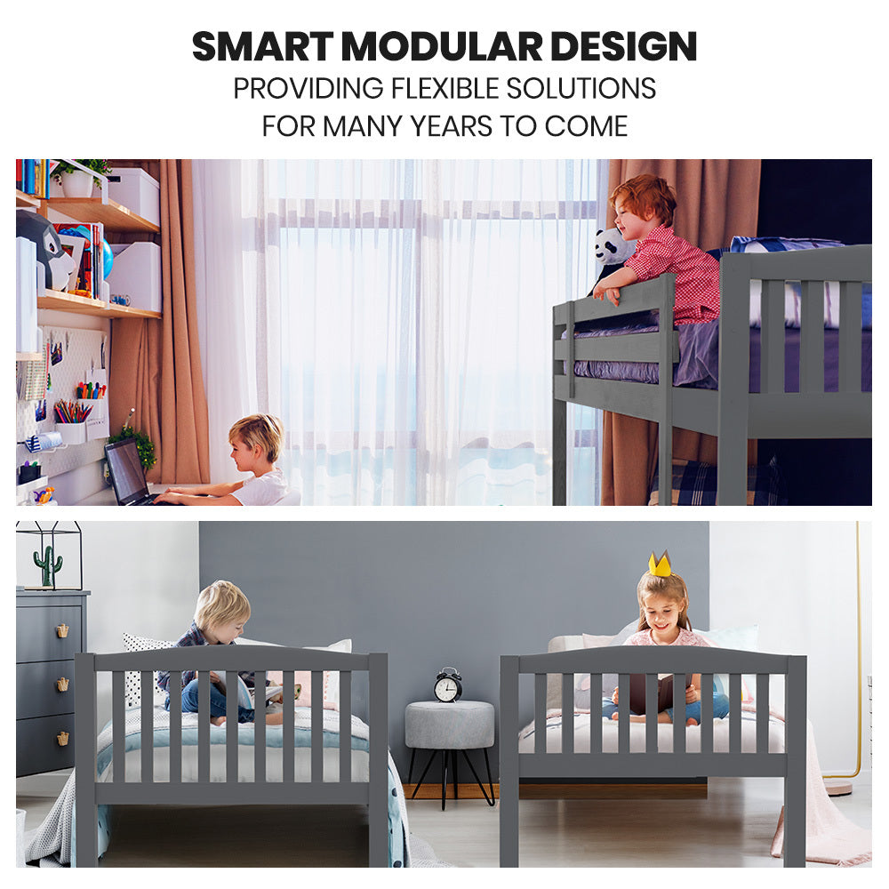 Kingston Slumber Single Bunk Bed Frame Solid Pine Wood Timber, Modular Design, Grey - TRENDZ