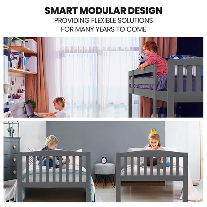 Kingston Slumber Single Bunk Bed Frame Solid Pine Wood Timber, Modular Design, Grey - TRENDZ