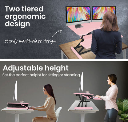 Fortia Desk Riser 77cm Wide Adjustable Sit to Stand for Dual Monitor, Keyboard, Laptop, Pink - TRENDZ