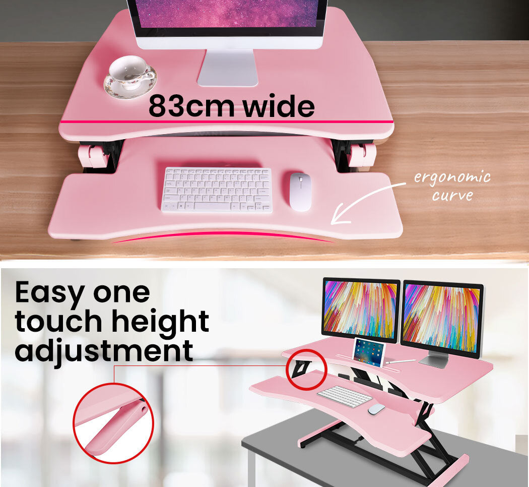 Fortia Desk Riser 77cm Wide Adjustable Sit to Stand for Dual Monitor, Keyboard, Laptop, Pink - TRENDZ