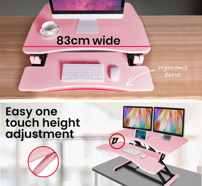 Fortia Desk Riser 77cm Wide Adjustable Sit to Stand for Dual Monitor, Keyboard, Laptop, Pink - TRENDZ