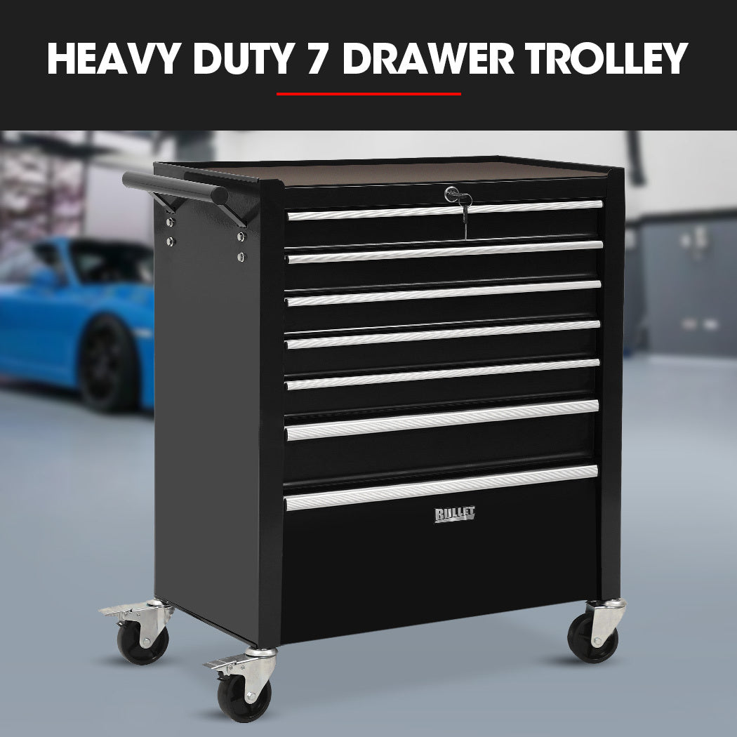 BULLET Pro 7 Drawer Tool Box Cabinet Trolley Storage, Toolbox Garage Organiser Set, Black