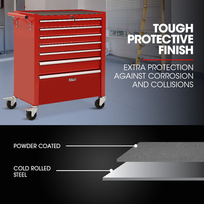 BULLET Pro 7 Drawer Tool Box Cabinet Trolley Storage, Toolbox Garage Organiser Set, Red
