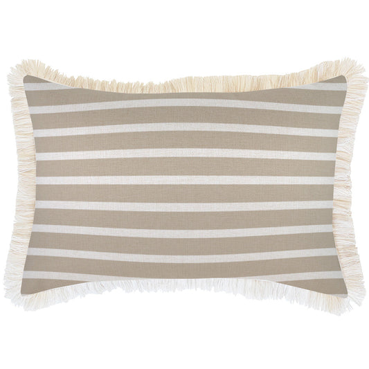 Cushion Cover-Coastal Fringe Natural-Hampton Stripe Beige-35cm x 50cm - TRENDZ