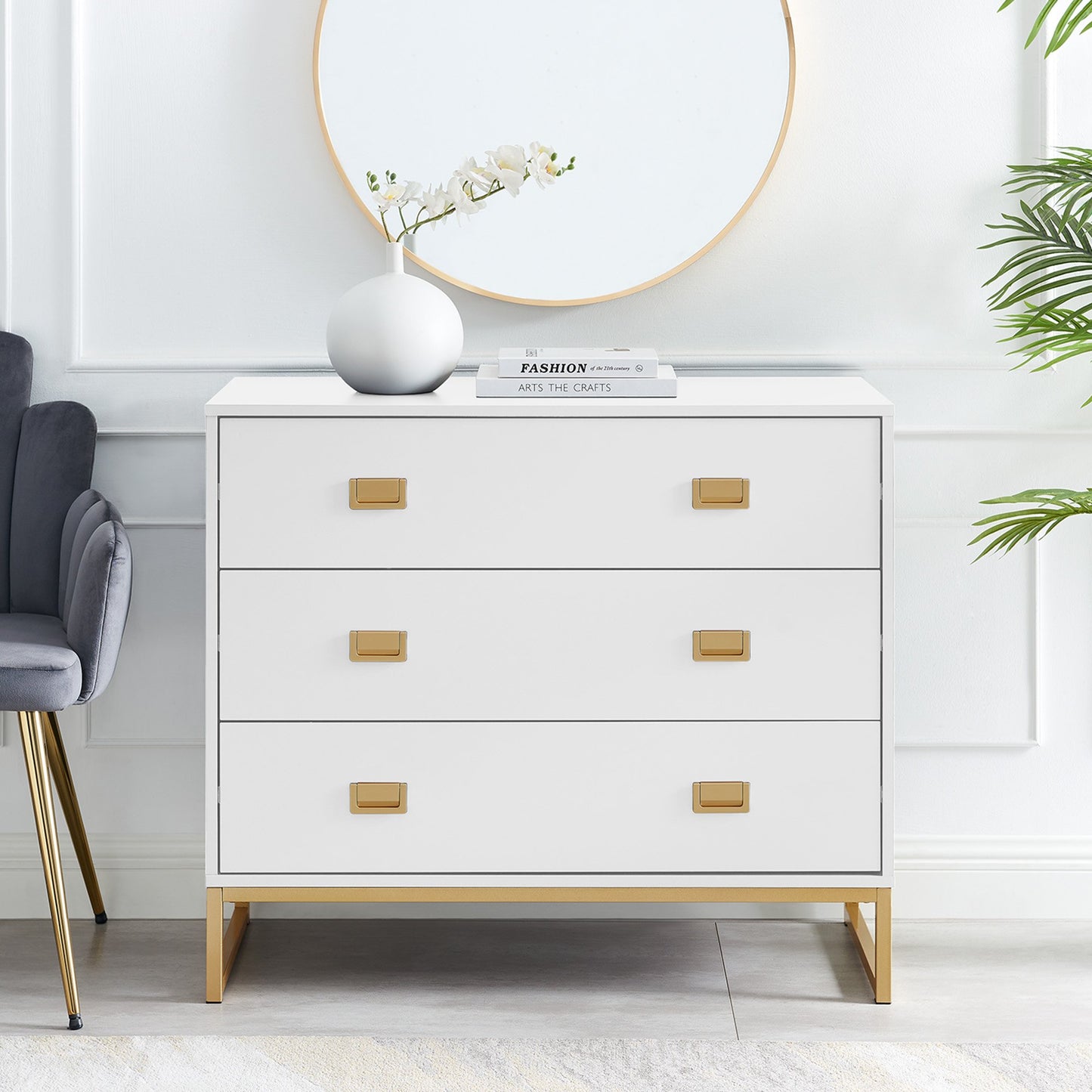 Sarantino Amara Chest of Drawers Tallboy Dresser in White/Gold - TRENDZ