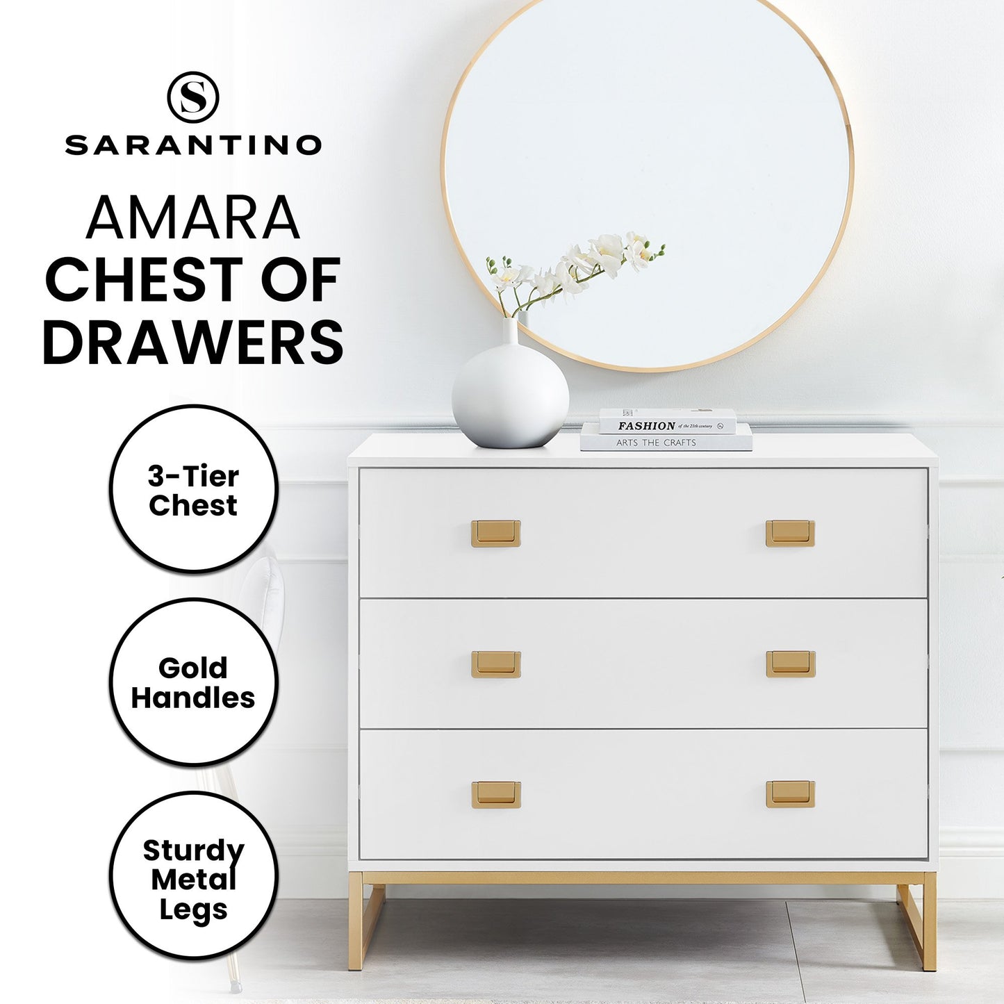 Sarantino Amara Chest of Drawers Tallboy Dresser in White/Gold - TRENDZ