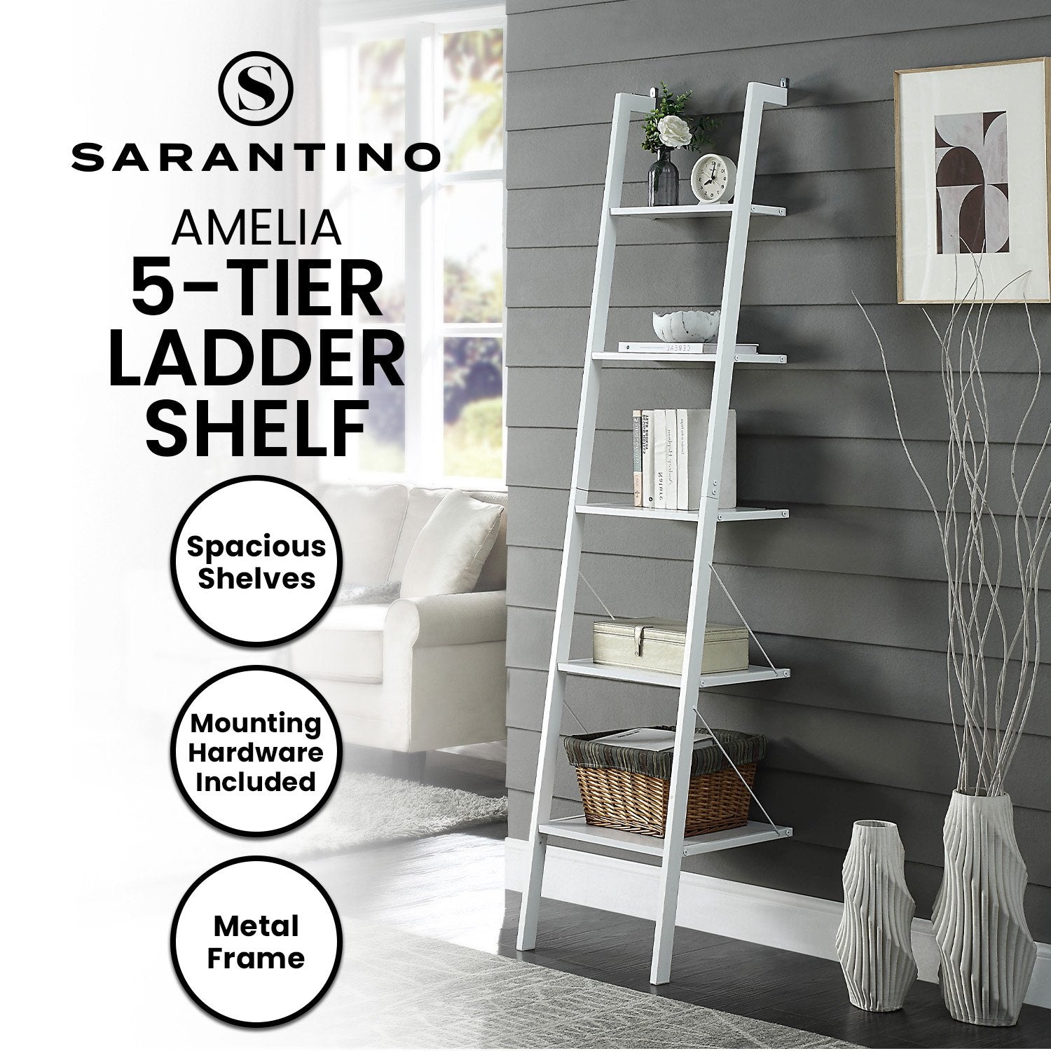 Sarantino Amelia 5-Tier Ladder Shelf in White - TRENDZ