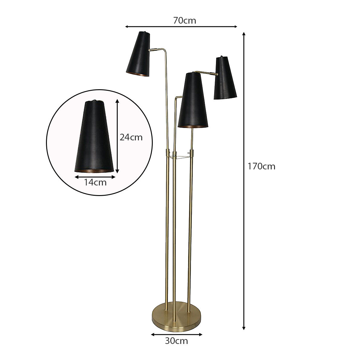 Sarantino Trio Floor Lamp – Brass Poles with Black Tapered Shades