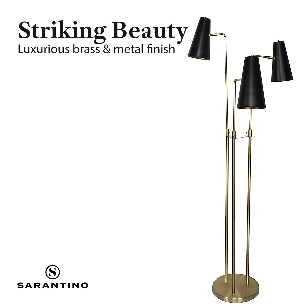 Sarantino Trio Floor Lamp – Brass Poles with Black Tapered Shades